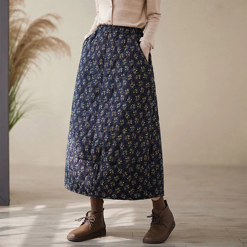 Buddha Stones Vintage Floral Pattern Elastic Waist Cotton Women's Midi Skirt With Pockets