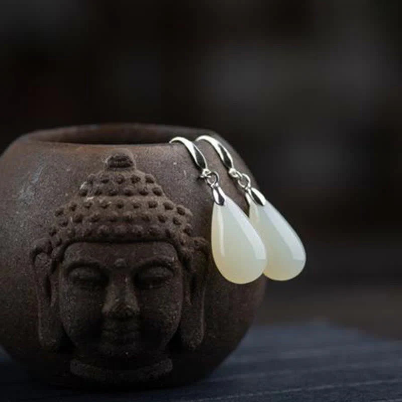 Buddha Stones Hetian White Jade Water Drop Luck Blessing Dangle Earrings (Extra 30% Off | USE CODE: FS30)