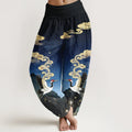 Buddha Stones Pure Cotton Colorful Crane Cloud Mountain Pattern Women's Elastic Waist Harem Pants
