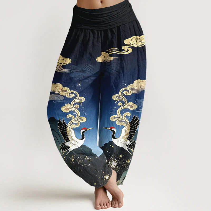 Buddha Stones Pure Cotton Colorful Crane Cloud Mountain Pattern Women's Elastic Waist Harem Pants
