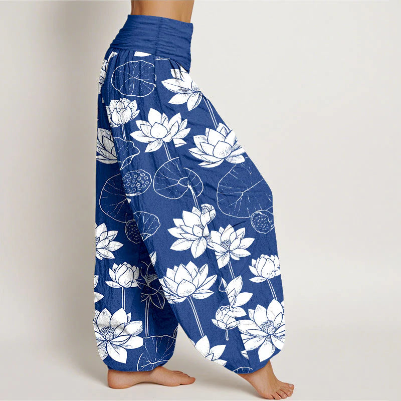 Buddha Stones Cotton Lotus Flowers Leaves Pods Pattern Women's Elastic Waist Harem Pants