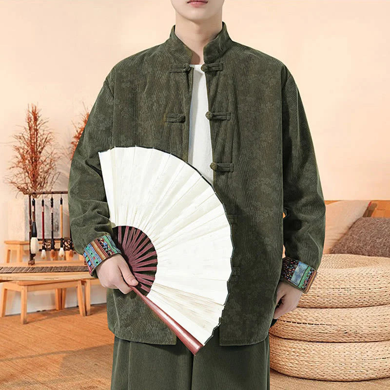 Buddha Stones Plain Plum Blossom Pattern Long Sleeve Men's Cotton Corduroy Tang Suit Jacket