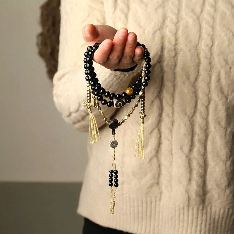 Buddha Stones Tibetan 108 Mala Beads Black Onyx Three-eyed Dzi Beads Protection Bracelet