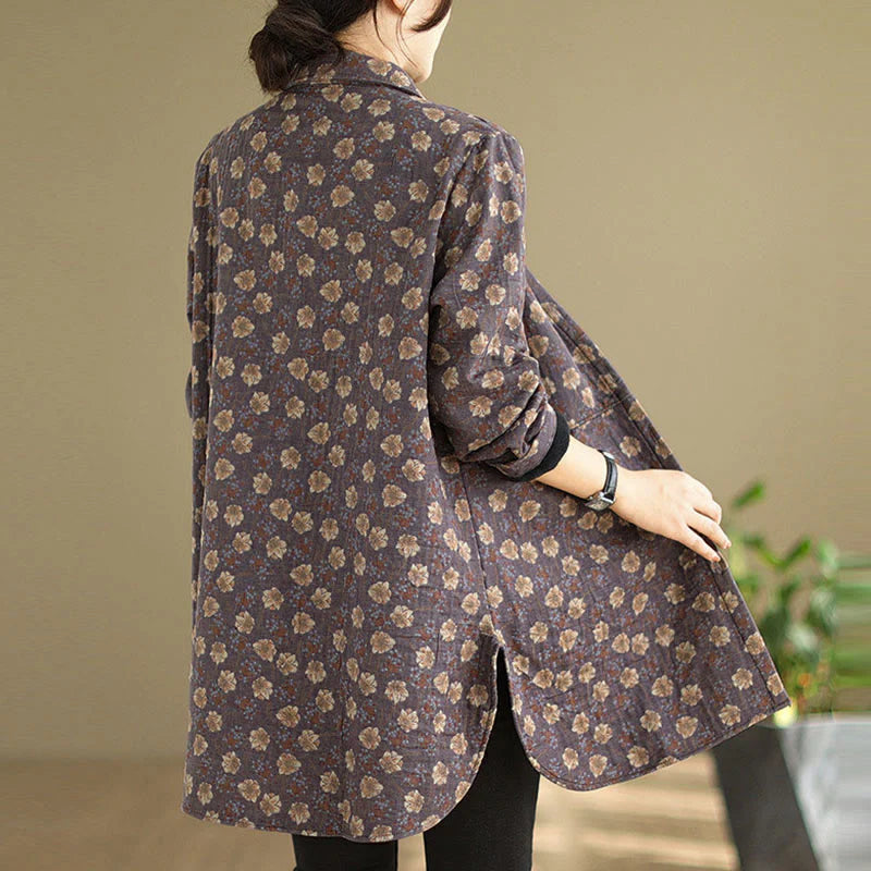 Buddha Stones Fall Winter Buttons Flower Patterns Long Sleeve Cotton Women's Jacket With Pockets