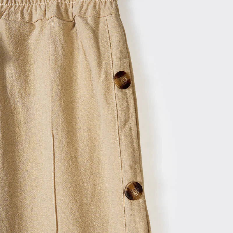Buddha Stones Solid Color Side Buttons Men's Cotton Pants With Pockets