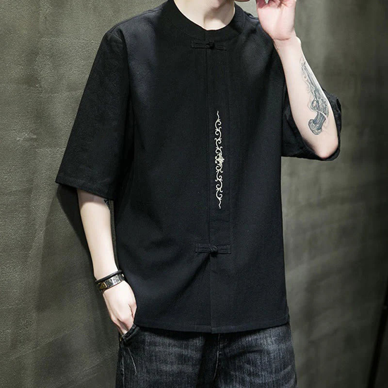 Buddha Stones Casual Solid Color Frog-Button Embroidery Men's Cotton Linen Shirt Cardigan