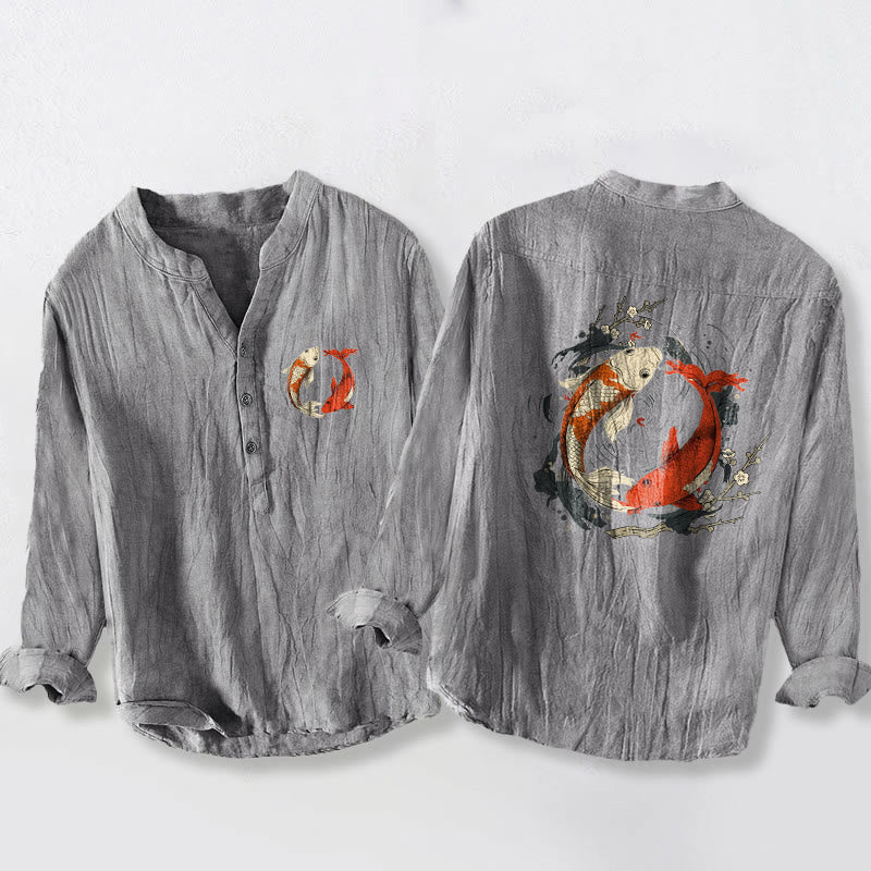Buddha Stones Red White Koi Fish Yin Yang Pattern Half Buttons Men's Cotton Linen Long Sleeve Shirt