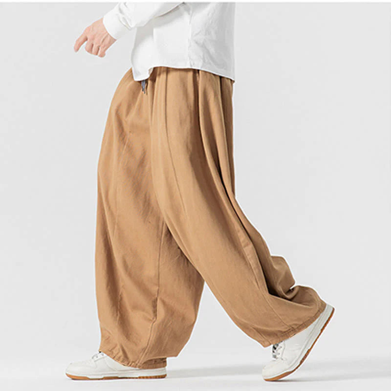 Buddha Stones Winter Commute Plain Drawstring Design Men's Wide Leg Cotton Pants With Pockets