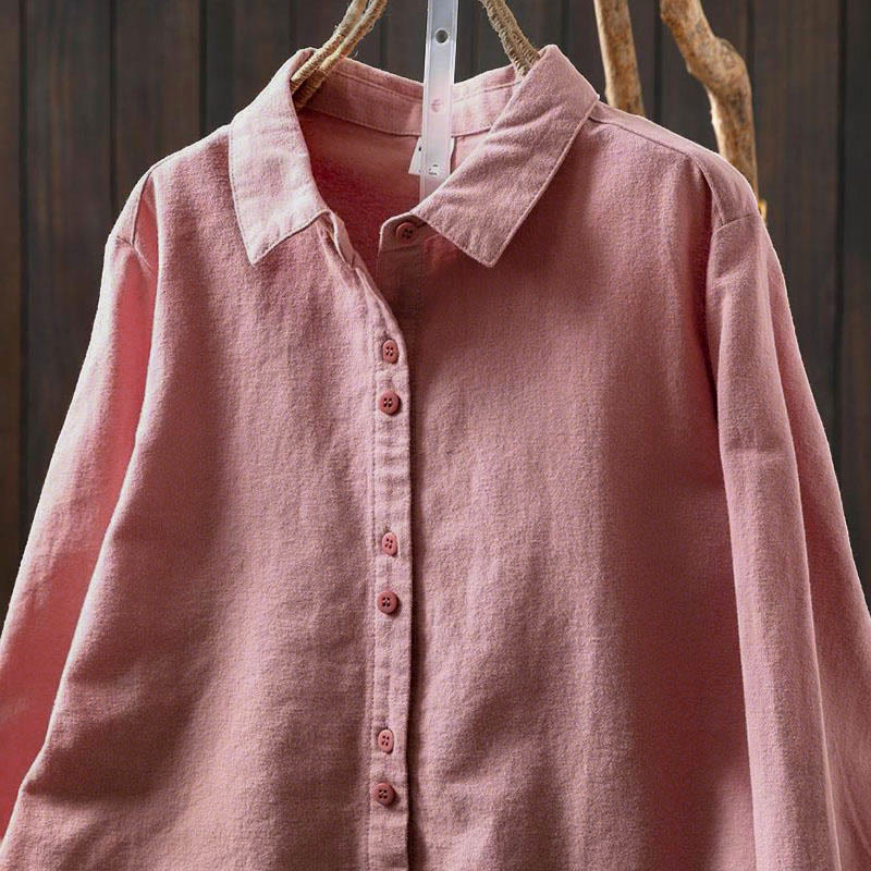 Buddha Stones Fall Solid Color Button Down Stand Collar Long Sleeve Women's Cotton Shirt