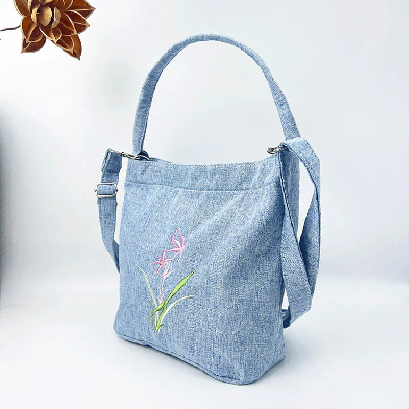 Buddha Stones Embroidery Wisteria Plum Lotus Cherry Blossom Cotton Linen Canvas Tote Crossbody Bag Shoulder Bag Handbag