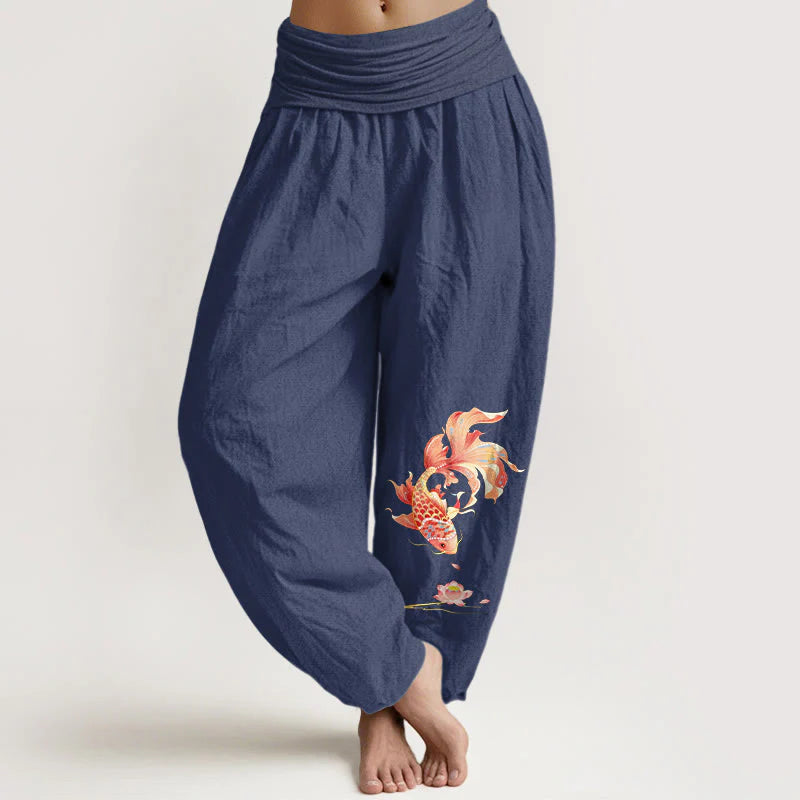 Buddha Stones Cotton Luck Koi Fish Lotus Pattern Women's Elastic Waist Harem Pants