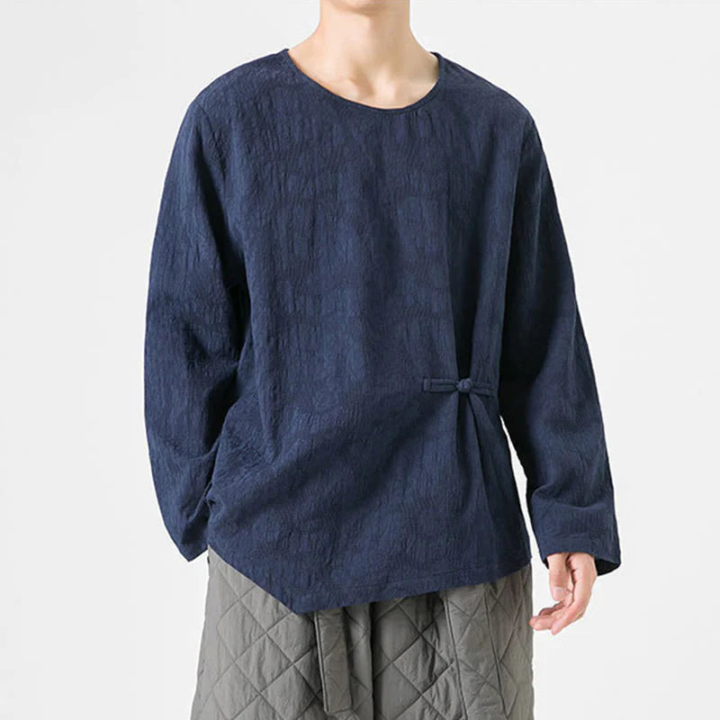Buddha Stones Men's Chinese Frog-Button Plain Design Cotton Long Sleeve T-Shirt Zen Clothing