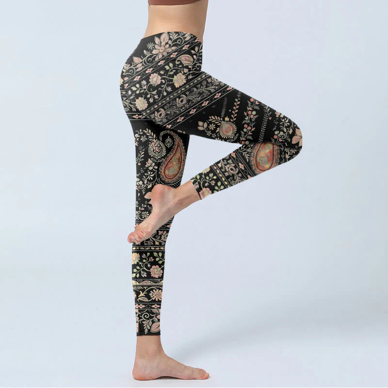 Buddha Stones Retro Repetitive Flower Leaf Vine Pattern Print Gym Leggings Women's Yoga Pants