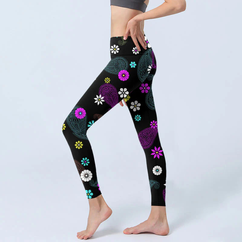 Buddha Stones Colorful Cashew Flower Print Gym Leggings Women's Yoga Pants