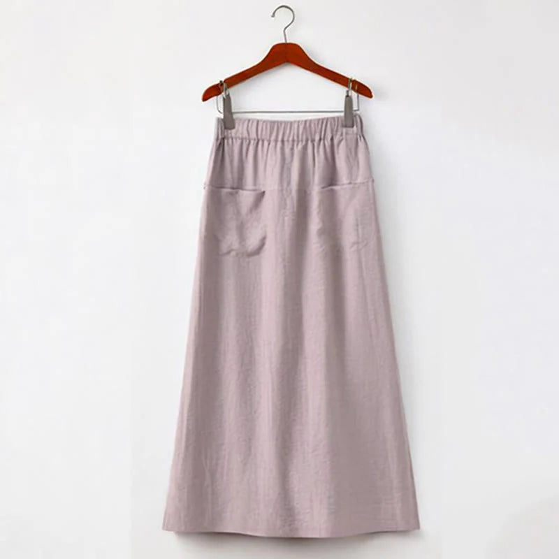 Buddha Stones 2Pcs Buttons Short Sleeve Shirt Top Skirt With Pockets Meditation Cotton Women's Set