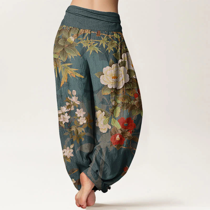 Buddha Stones Cotton Casual Peony Flowers Leaves Magpie Women's Elastic Waist Harem Pants