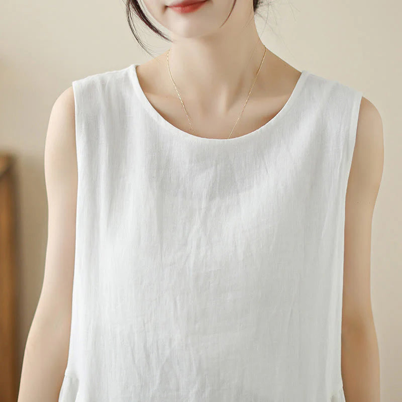 Buddha Stones FloralWhite Casual Back Buttons Design Sleeveless Cotton Midi Dress With Pockets