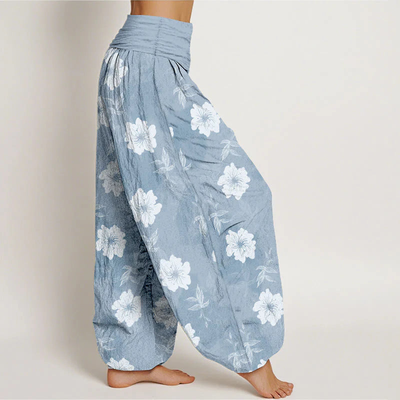 Buddha Stones Pure Cotton White Flowers Grass Women's Elastic Waist Harem Pants