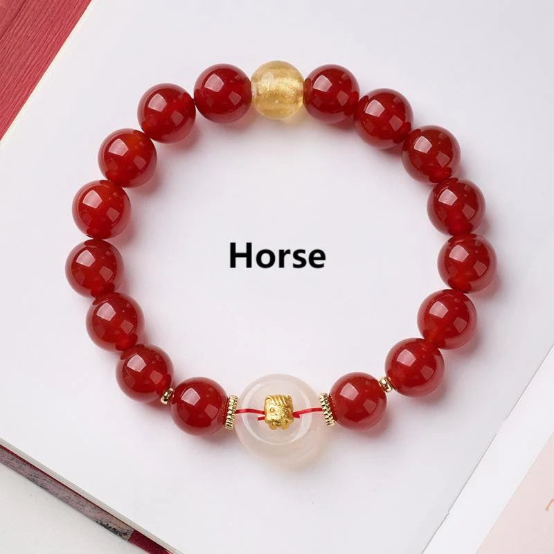 Buddha Stones Chinese Zodiac Year Of The Horse Peace Buckle Red Agate White Chalcedony Confidence Bracelet