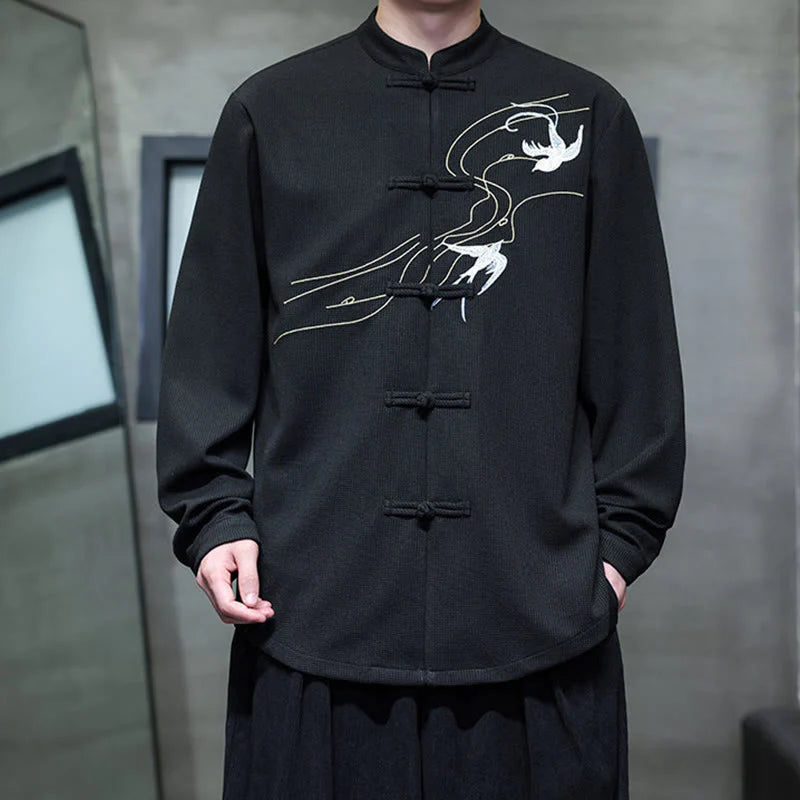 Buddha Stones Frog-Button Swallow Embroidery Stand Collar Long Sleeve Tang Suit Men's Shirt