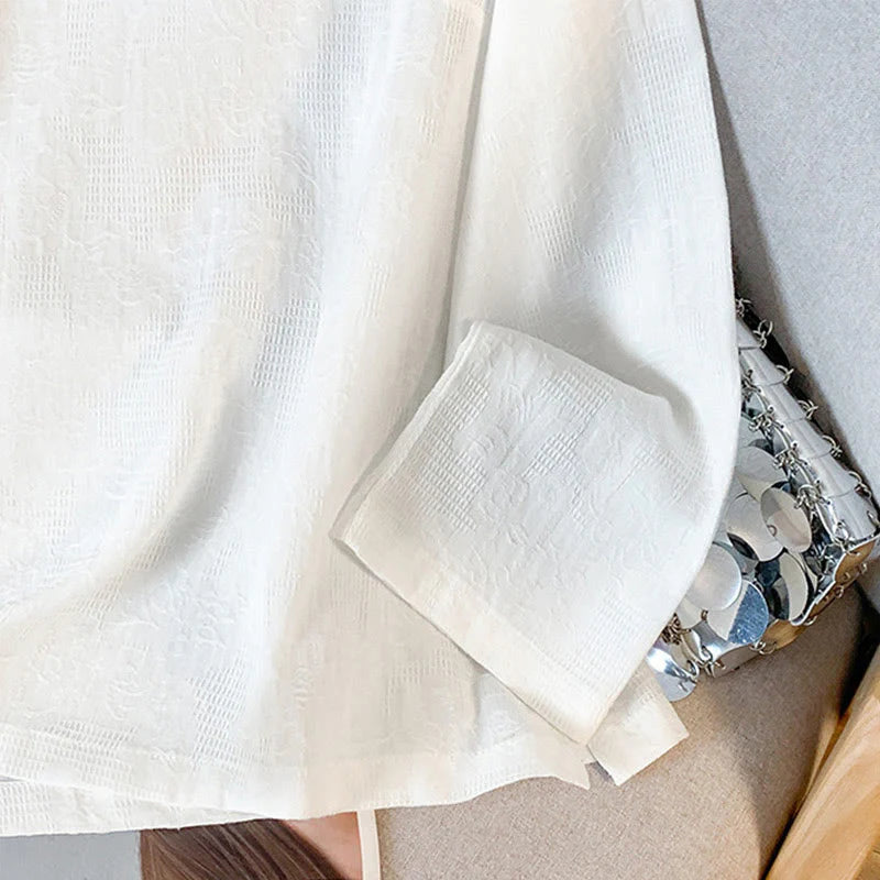 Buddha Stones Commute Jacquard Chinese Frog-Button Mandarin Collar Long Sleeve Women's Cotton Shirt