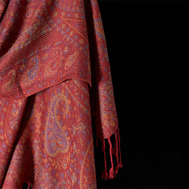 Buddha Stones Spring Red Pink Cashew Flower Geometric Stripes Pattern Tassel Cozy Scarf Shawl