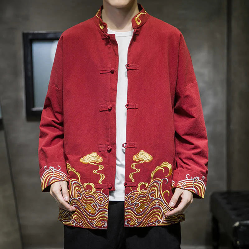Buddha Stones Embroidered Clouds Frog-Button Long Sleeve Men's Cotton Tang Suit Jacket