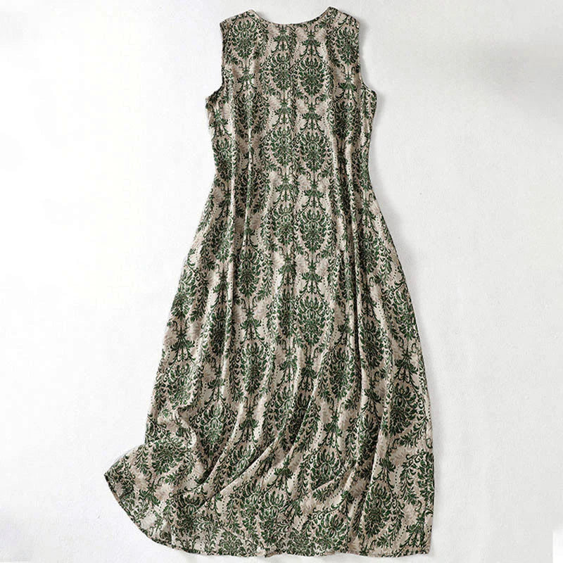 Buddha Stones Commute Summer Printing Simple Design Crew Neck Sleeveless Maxi Dress
