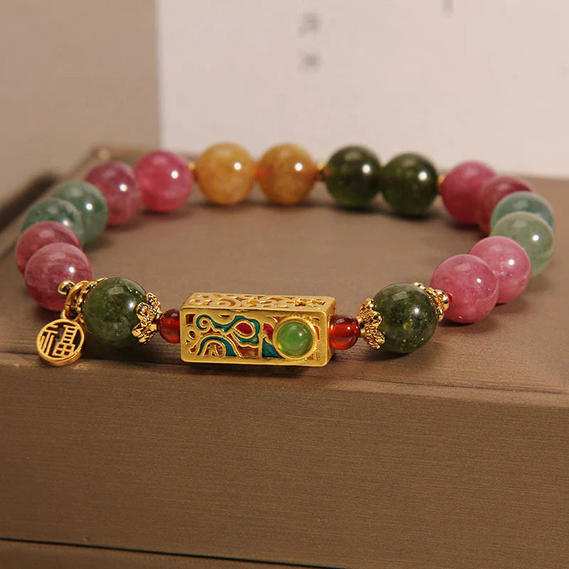 Buddha Stones Colorful Tourmaline Positive Fu Character Charm Bracelet (Extra 35% Off | USE CODE: FS35)