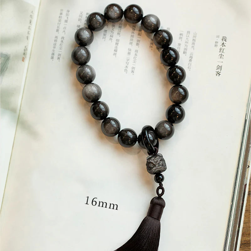 Buddha Stones Natural Silver Sheen Obsidian Black Obsidian Lion Wrist Mala Protection Tassels Pocket Mala Car Decoration