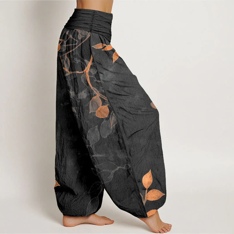 Buddha Stones Pure Cotton Softly Colored Leaves Pattern Women's Elastic Waist Harem Pants