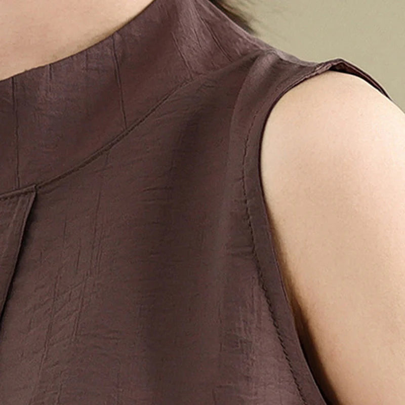 Buddha Stones Casual Plain Back Buttom Design Stand Collar Cotton Linen Women's Sleeveless Vest