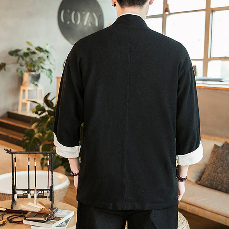 Buddha Stones Lace-Up Design Jacket Cotton Linen Men's Three Quarter Sleeve Kimono With Pockets