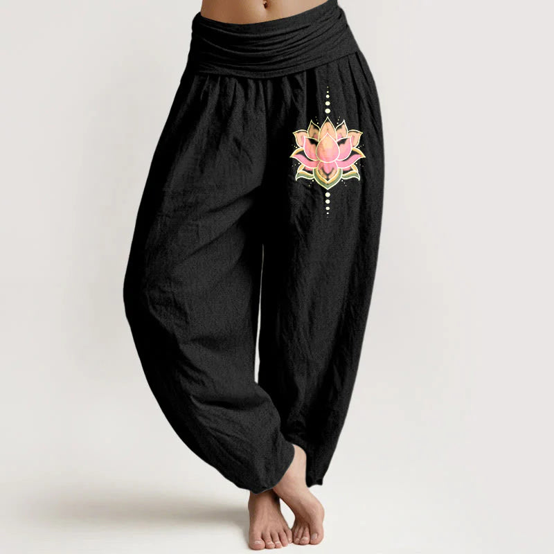Buddha Stones Pure Cotton Pink Lotus Flower Pattern Women's Elastic Waist Harem Pants