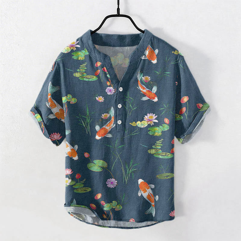 Buddha Stones Cotton Koi Fish Lotus Pattern Men's Short Sleeve Half Button Shirt
