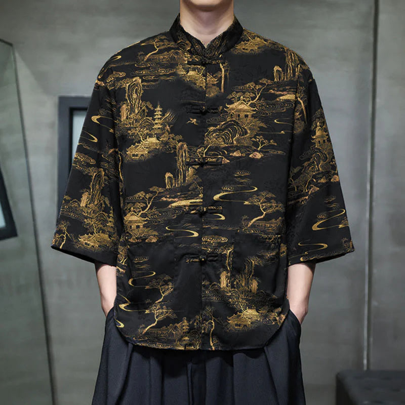 Buddha Stones Spring Frog-Button Dragon Mountain Flower Three Quarter Sleeve Tang Suit Men's Shirt With Pockets