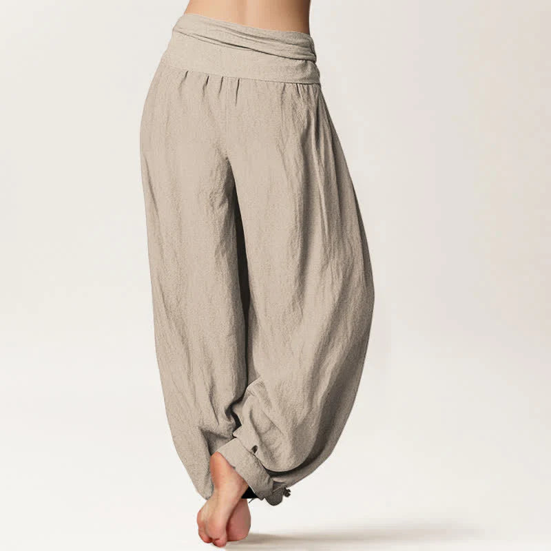 Buddha Stones Pure Cotton Lotus Flower Lotus Leaves Pattern Women's Harem Elastic Waist Pants