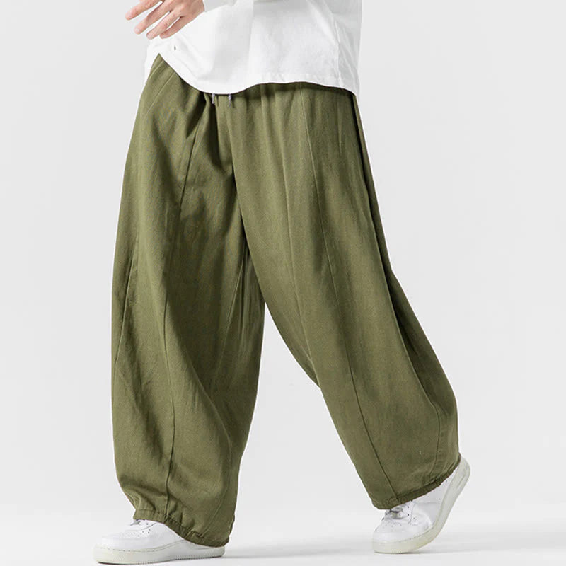 Buddha Stones Fall Solid Color Cotton Elastic Waist Men's Harem Pants With Pockets