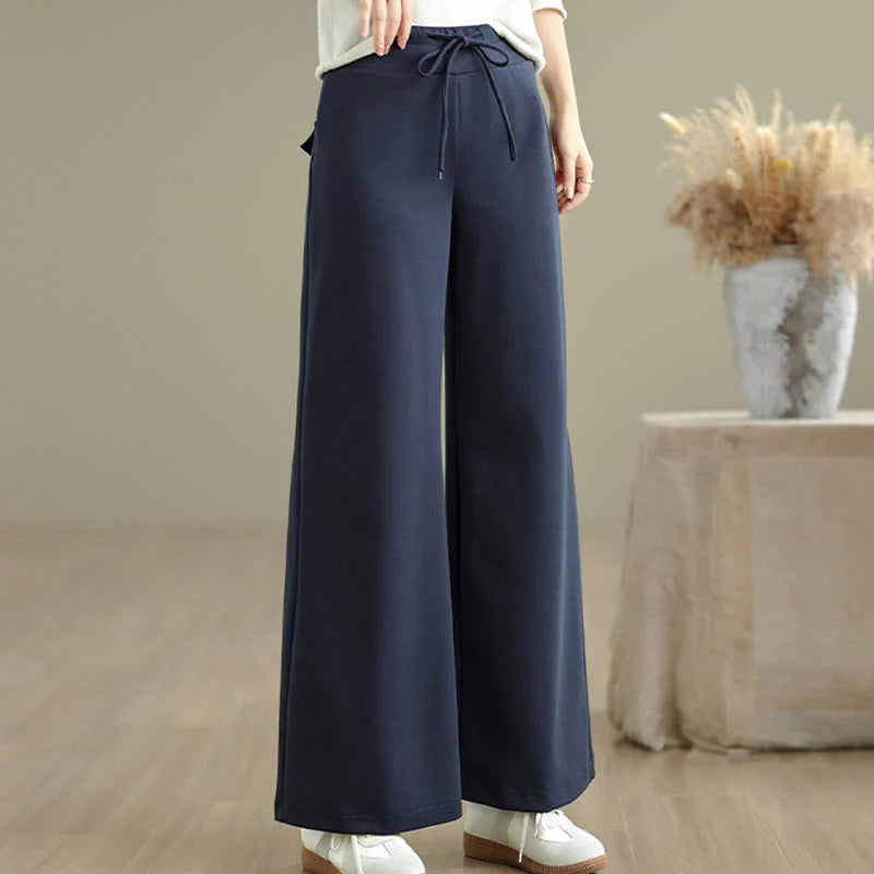 Buddha Stones Plain Drawstring Cotton Polyester Women's Wide Leg Pants With Pockets