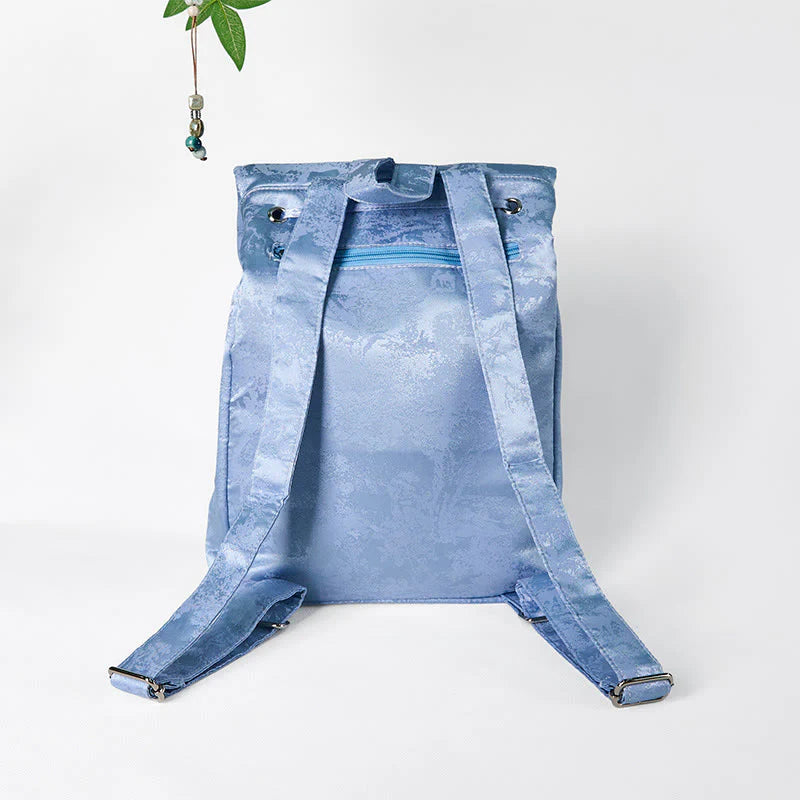 Buddha Stones Handmade Blue Camellia Embroidered Large Capacity Polyester Cotton Backpack