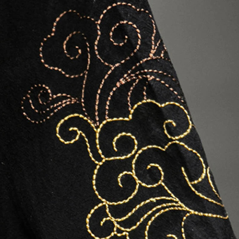 Buddha Stones Frog-Button Chinese Dragon Auspicious Cloud Embroidery Half Sleeve Shirt Cotton Linen Men Clothing
