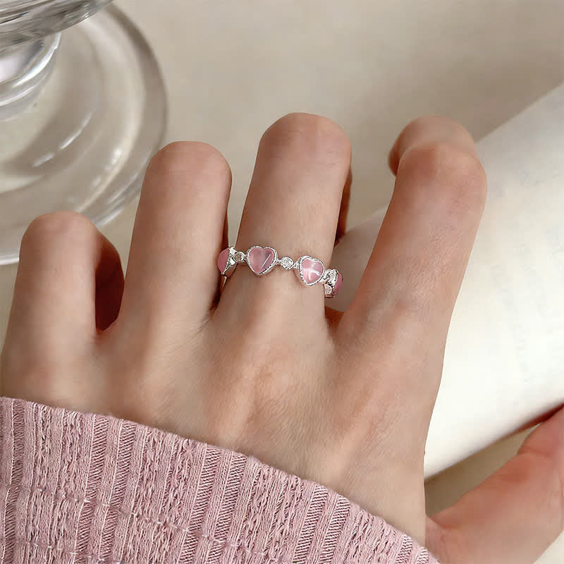 Buddha Stones 925 Sterling Silver Pink Cat's Eye Heart Design Adjustable Love Ring