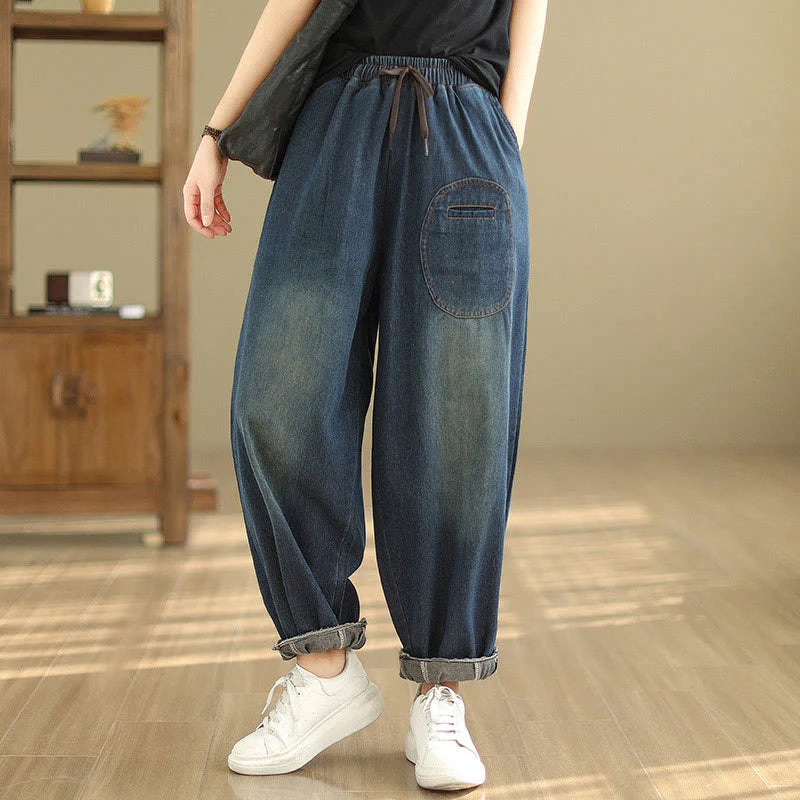 Buddha Stones Casual DarkSlateBlue Plain Drawstring Cotton Women's Harem Pants With Pockets