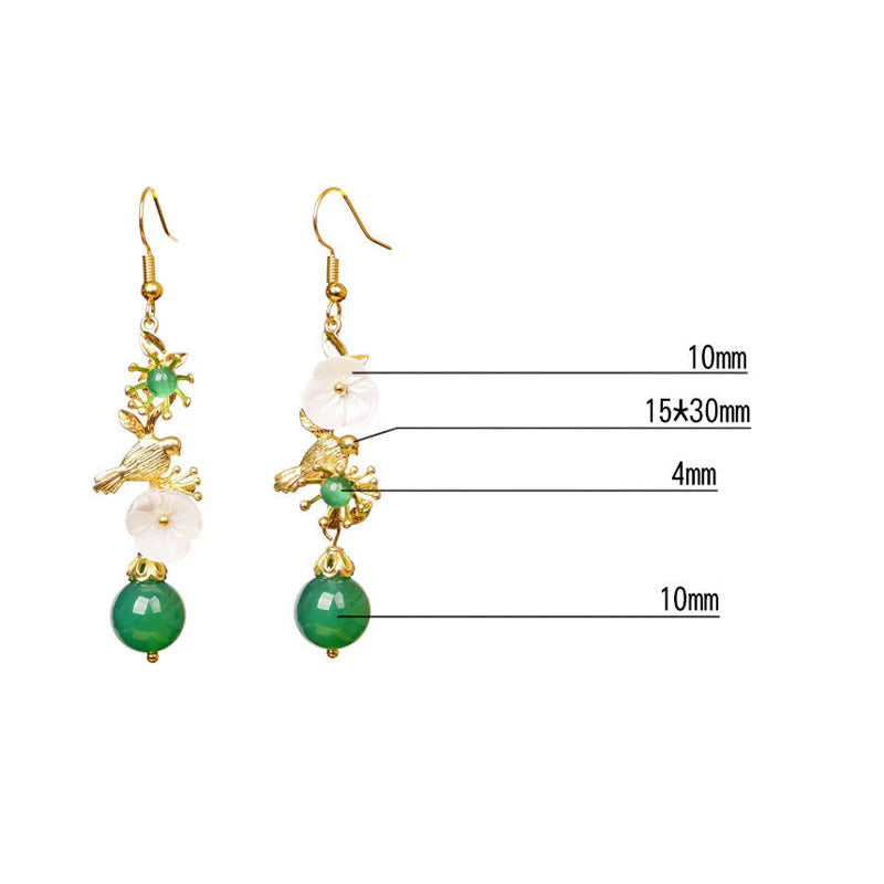 Buddha Stones Green Agate Bead White Flower Bird Power Drop Earrings