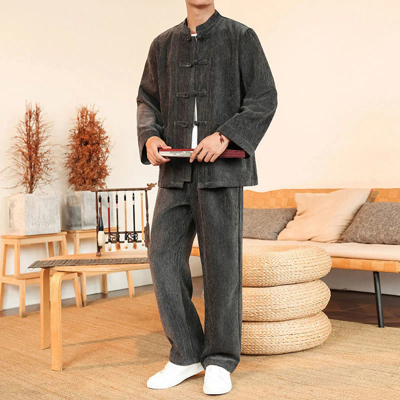 Buddha Stones 2Pcs Winter Thick Men's Tang Suit Frog-Button Cotton Corduroy Long Sleeve Jacket Pants Set With Pockets