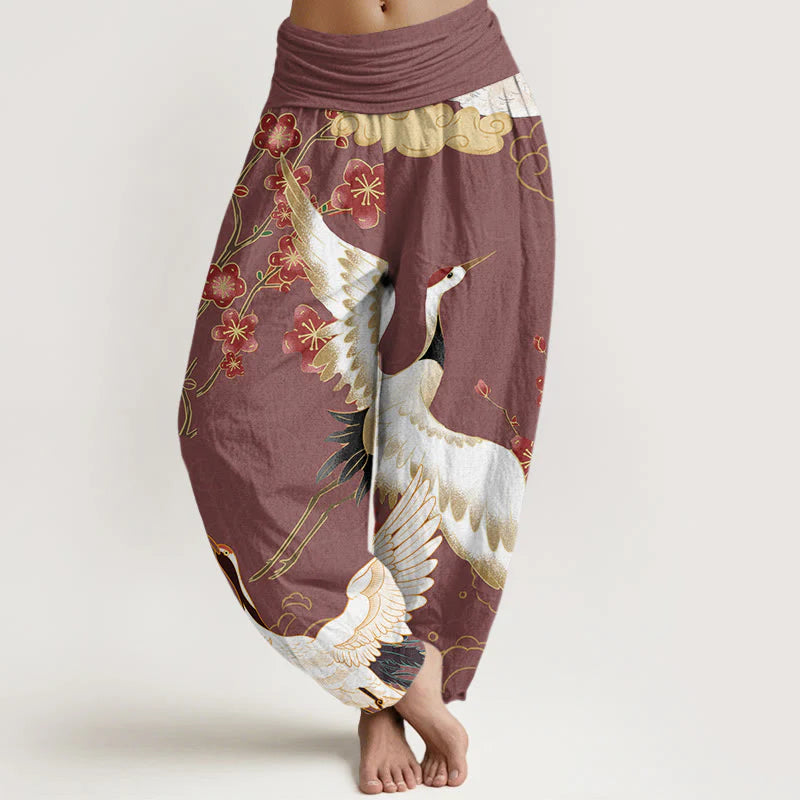 Buddha Stones Cotton Cranes Flowers Auspicious Clouds pattern Women's Elastic Waist Harem Pants