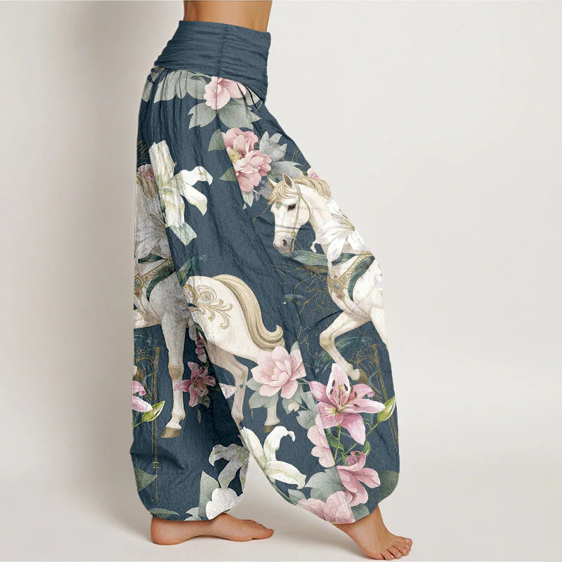 Buddha Stones Pure Cotton Romantic Horse Lily Peony Pattern Women's Elastic Waist Harem Pants