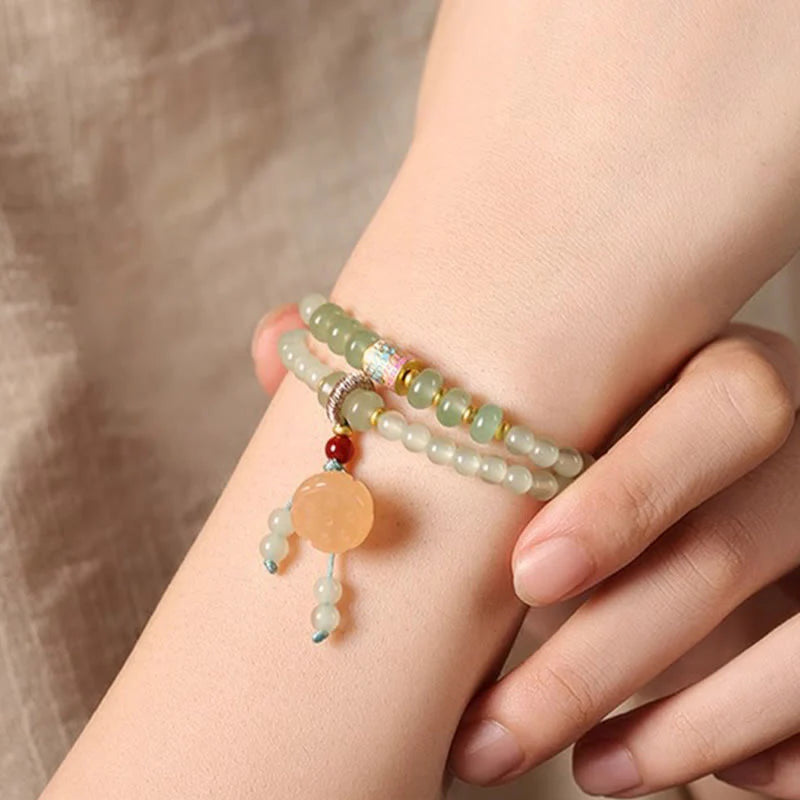 Buddha Stones Multiple Circles Natural Aventurine Glass Lotus Pods Lucky Bamboo Positivity Bracelet