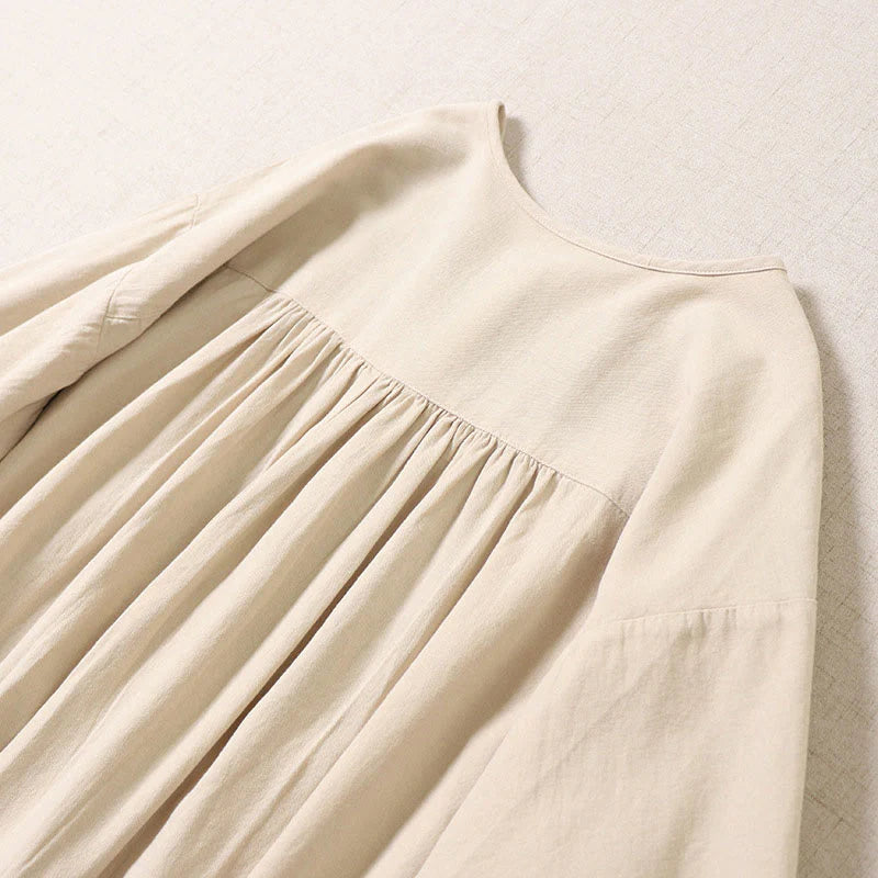 Buddha Stones Casual Artistic Geometric Embroidery Button Front Long Lantern Sleeve Cotton Linen Midi Dress