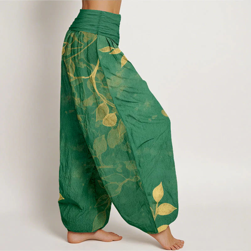 Buddha Stones Pure Cotton Softly Colored Leaves Pattern Women's Elastic Waist Harem Pants
